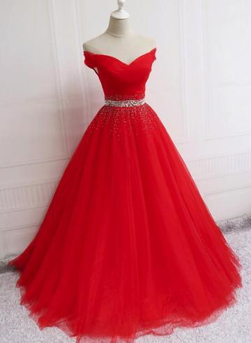 Beautiful Red Tulle Off Shoulder Long Formal Gown Red Sweet 16 Dresses HZ1023
